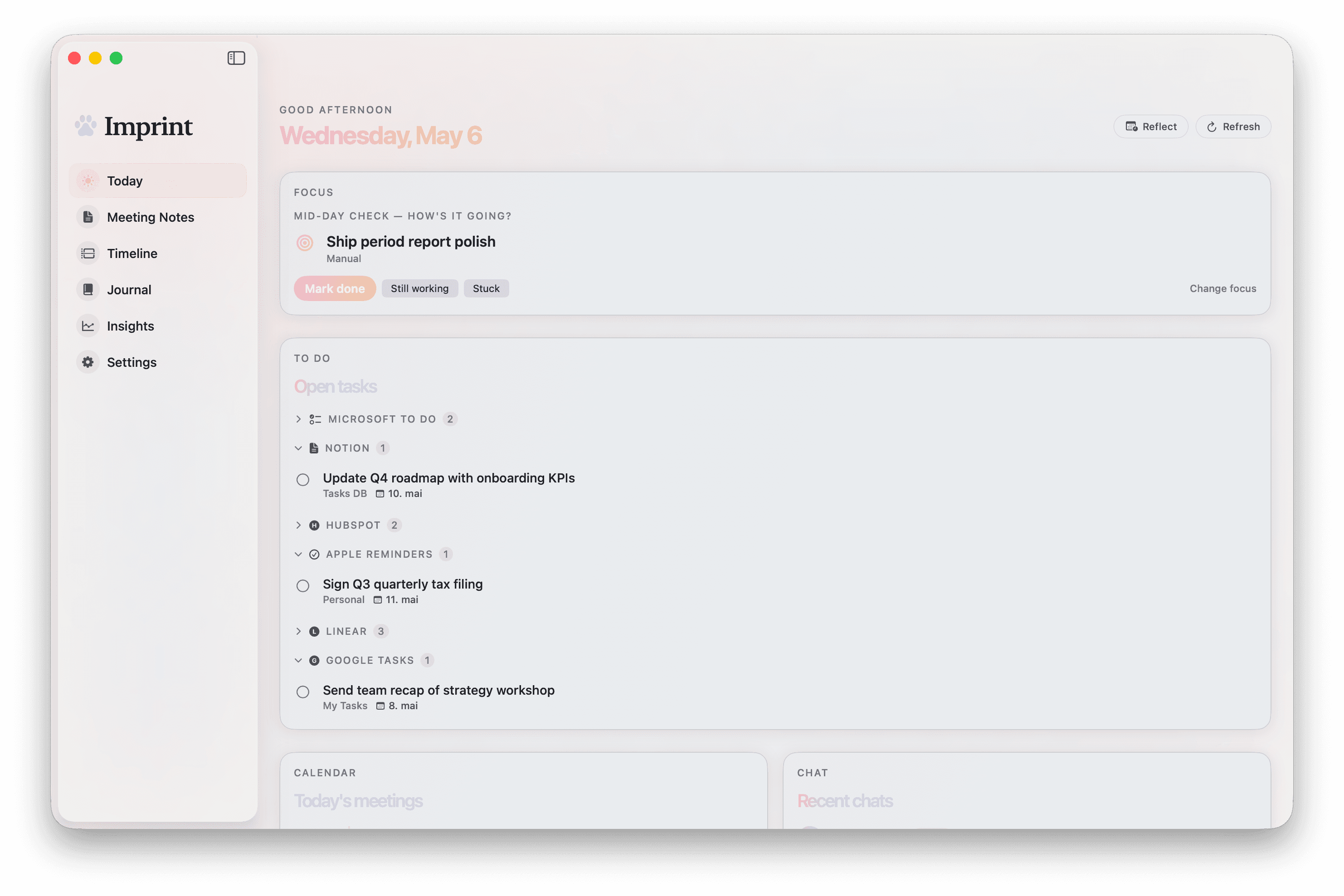 Imprint Today: focus card, open tasks grouped by source, calendar, and chat