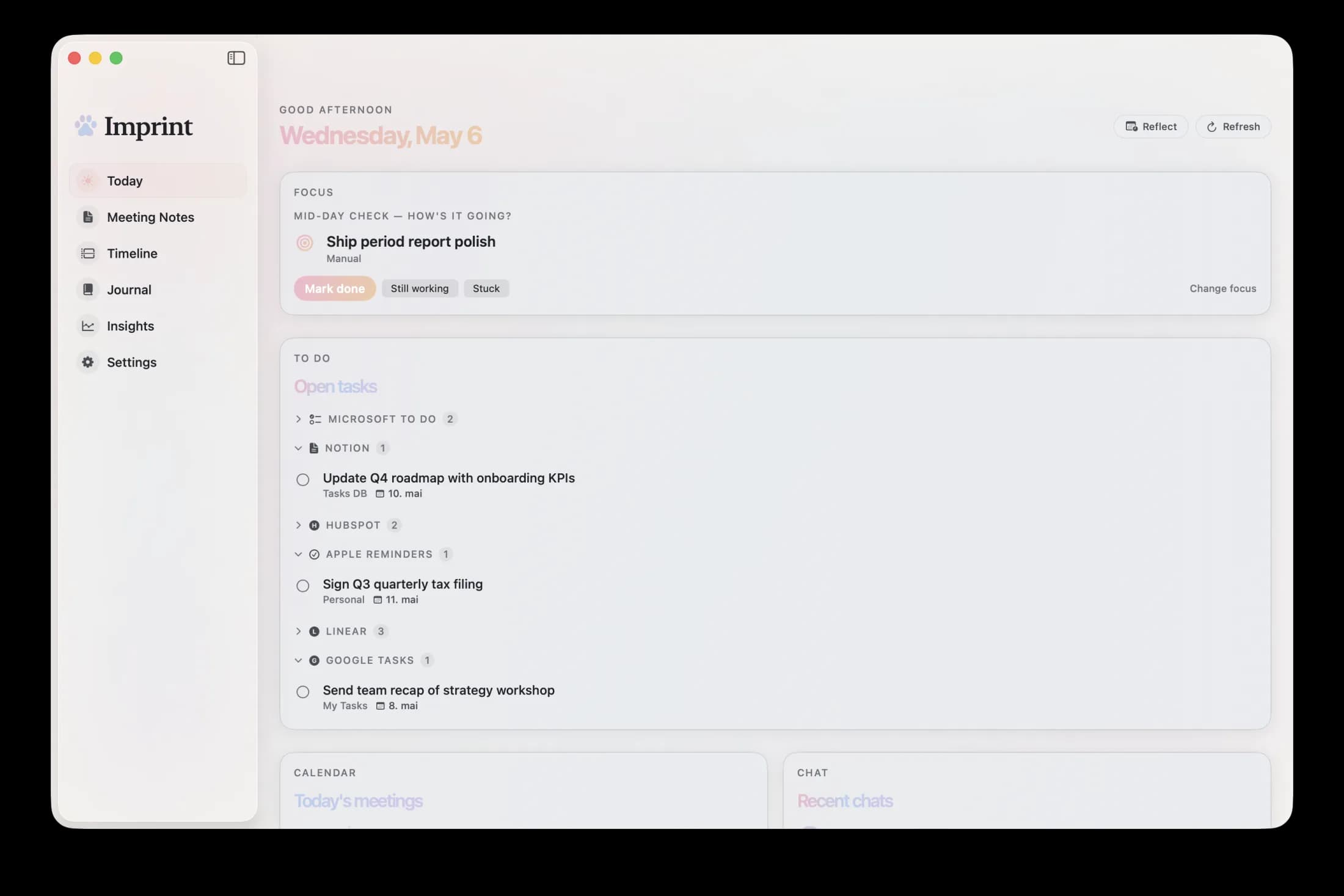 Imprint Today: focus card, open tasks grouped by source, calendar, and chat